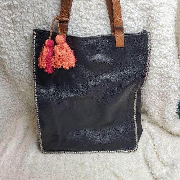 Lucky‎ Brand Leather Whipstitch Shopping Tote with Tassels - Picture 1 of 10